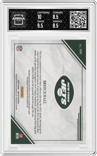 Breece Hall from the 2022 Panini Limited set featuring a Gold Spotlight parallel graded by Arena Club and given an overall grade of 9.