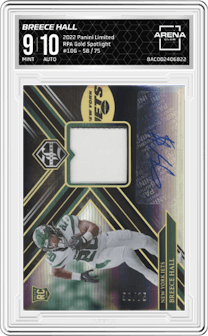 Breece Hall from the 2022 Panini Limited set featuring a Gold Spotlight parallel graded by Arena Club and given an overall grade of 9.