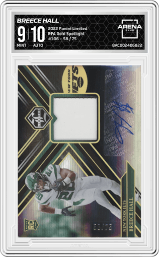 Breece Hall from the 2022 Panini Limited set featuring a Gold Spotlight parallel graded by Arena Club and given an overall grade of 9.