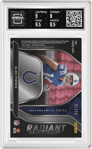 Alec Pierce from the 2022 Panini Spectra set featuring a Neon Black Light parallel graded by Arena Club and given an overall grade of 8.5.