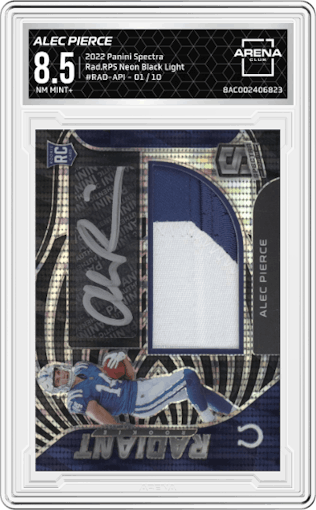Alec Pierce from the 2022 Panini Spectra set featuring a Neon Black Light parallel graded by Arena Club and given an overall grade of 8.5.