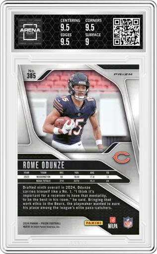 Rome Odunze from the 2024 Panini Prizm set featuring a Neon Green Pulsar  parallel graded by Arena Club and given an overall grade of 9.5.