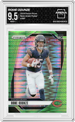 Rome Odunze from the 2024 Panini Prizm set featuring a Neon Green Pulsar  parallel graded by Arena Club and given an overall grade of 9.5.
