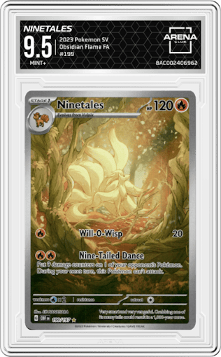 Ninetales from the 2023 Pokemon SV set graded by Arena Club and given an overall grade of 9.5.