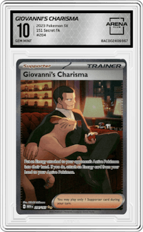 Giovanni's Charisma from the 2023 Pokemon SV set graded by Arena Club and given an overall grade of 10.
