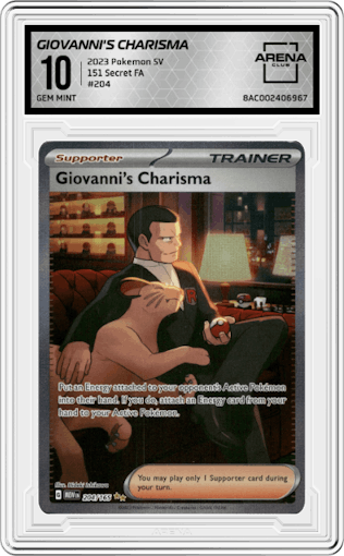 Giovanni's Charisma from the 2023 Pokemon SV set graded by Arena Club and given an overall grade of 10.