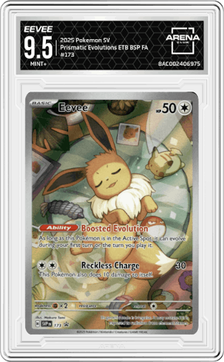 Eevee from the 2025 Pokemon SV set featuring a Prismatic Evolutions Elite Trainer Box parallel graded by Arena Club and given an overall grade of 9.5.