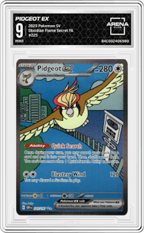 Pidgeot EX from the 2023 Pokemon SV set graded by Arena Club and given an overall grade of 9.