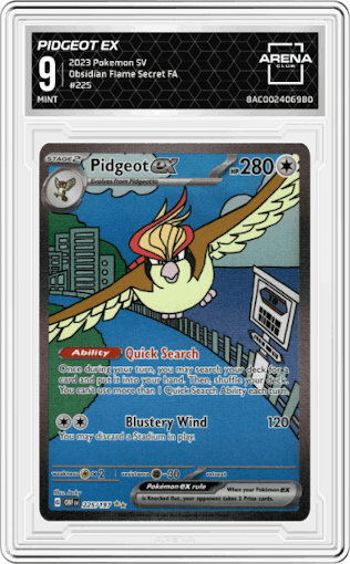 Pidgeot EX from the 2023 Pokemon SV set graded by Arena Club and given an overall grade of 9.