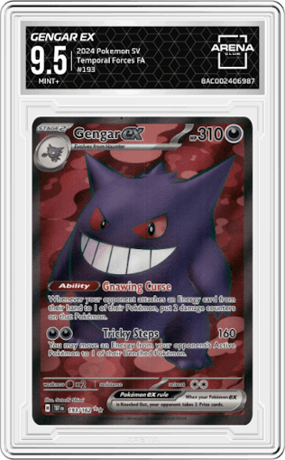 Gengar ex from the 2024 Pokemon SV set graded by Arena Club and given an overall grade of 9.5.