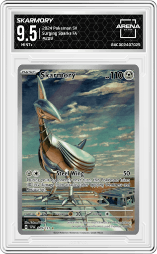 Skarmory from the 2024 Pokemon SV set graded by Arena Club and given an overall grade of 9.5.