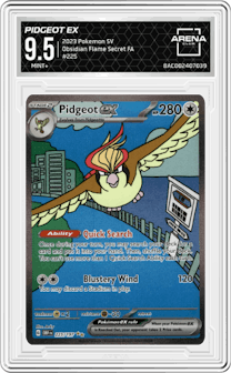 Pidgeot EX from the 2023 Pokemon SV set graded by Arena Club and given an overall grade of 9.5.