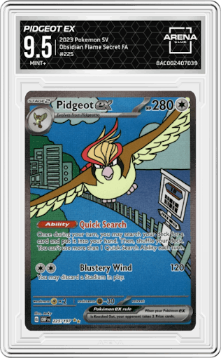 Pidgeot EX from the 2023 Pokemon SV set graded by Arena Club and given an overall grade of 9.5.