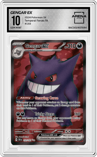 Gengar ex from the 2024 Pokemon SV set graded by Arena Club and given an overall grade of 10.