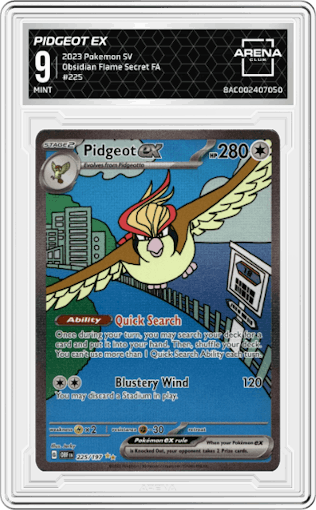 Pidgeot EX from the 2023 Pokemon SV set graded by Arena Club and given an overall grade of 9.