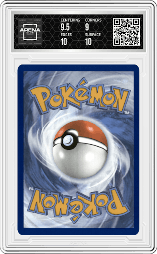Pecharunt from the 2024 Pokemon SV set featuring a Shrouded Fable Pokemon Center Elite Trainer Box parallel graded by Arena Club and given an overall grade of 9.5.