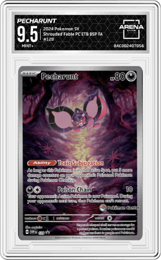 Pecharunt from the 2024 Pokemon SV set featuring a Shrouded Fable Pokemon Center Elite Trainer Box parallel graded by Arena Club and given an overall grade of 9.5.