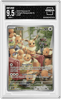 Eevee from the 2024 Pokemon SV set graded by Arena Club and given an overall grade of 9.5.