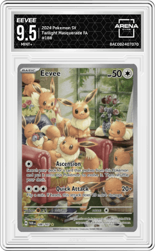 Eevee from the 2024 Pokemon SV set graded by Arena Club and given an overall grade of 9.5.