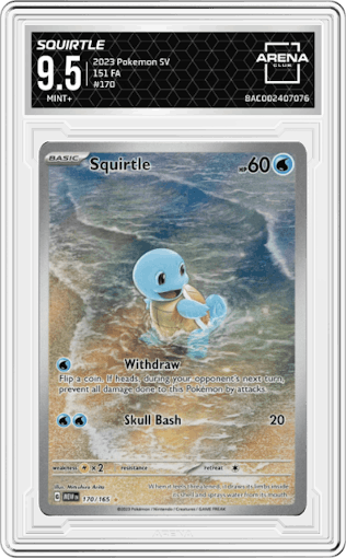Squirtle from the 2023 Pokemon SV set graded by Arena Club and given an overall grade of 9.5.
