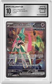 Iron Valiant ex from the 2023 Pokemon SV set graded by Arena Club and given an overall grade of 10.