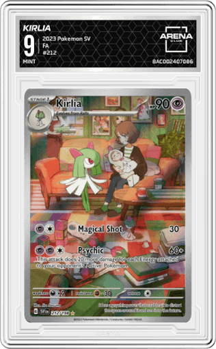 Kirlia from the 2023 Pokemon SV set graded by Arena Club and given an overall grade of 9.
