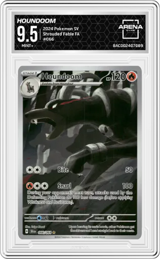 Houndoom from the 2024 Pokemon SV set graded by Arena Club and given an overall grade of 9.5.