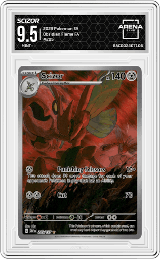 Scizor from the 2023 Pokemon SV set graded by Arena Club and given an overall grade of 9.5.