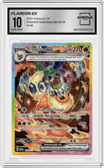 Flareon ex from the 2025 Pokemon SV set graded by Arena Club and given an overall grade of 10.