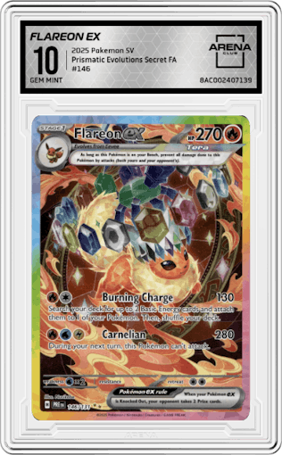 Flareon ex from the 2025 Pokemon SV set graded by Arena Club and given an overall grade of 10.