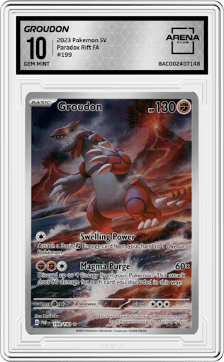 Groudon from the 2023 Pokemon SV set graded by Arena Club and given an overall grade of 10.