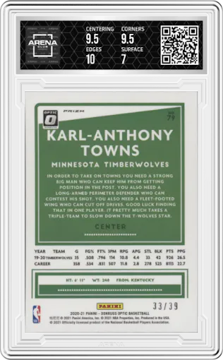 Karl-Anthony Towns from the 2020-21 Panini Donruss Optic set featuring a Black Velocity parallel graded by Arena Club and given an overall grade of 7.5.