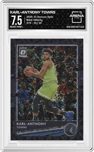 Karl-Anthony Towns from the 2020-21 Panini Donruss Optic set featuring a Black Velocity parallel graded by Arena Club and given an overall grade of 7.5.