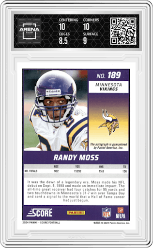 Randy Moss from the 2024 Panini Score set featuring a Gold Zone parallel graded by Arena Club and given an overall grade of 9.