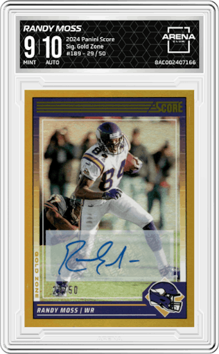 Randy Moss from the 2024 Panini Score set featuring a Gold Zone parallel graded by Arena Club and given an overall grade of 9.