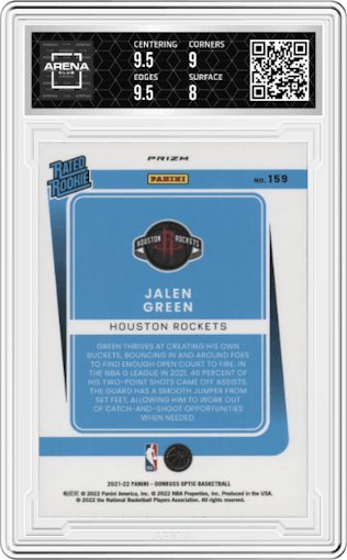 Jalen Green from the 2021-22 Panini Donruss Optic set featuring a Purple Pulsar parallel graded by Arena Club and given an overall grade of 8.5.