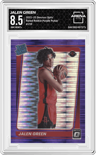 Jalen Green from the 2021-22 Panini Donruss Optic set featuring a Purple Pulsar parallel graded by Arena Club and given an overall grade of 8.5.