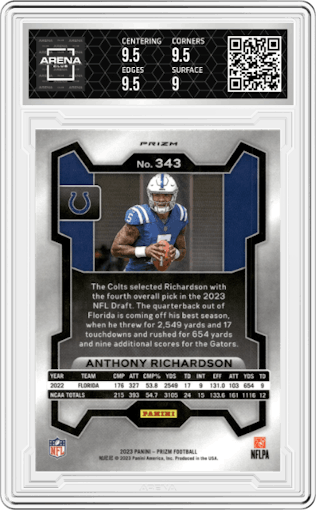 Anthony Richardson from the 2023 Panini Prizm set featuring a Orange Ice parallel graded by Arena Club and given an overall grade of 9.5.