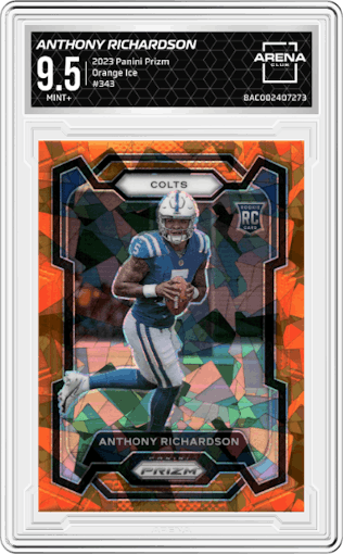 Anthony Richardson from the 2023 Panini Prizm set featuring a Orange Ice parallel graded by Arena Club and given an overall grade of 9.5.