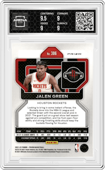 Jalen Green from the 2021-22 Panini Prizm  set featuring a Red/White/Blue Prizm parallel graded by Arena Club and given an overall grade of 9.