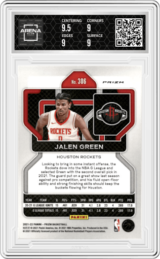 Jalen Green from the 2021-22 Panini Prizm  set featuring a Red/White/Blue Prizm parallel graded by Arena Club and given an overall grade of 9.