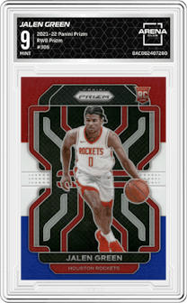 Jalen Green from the 2021-22 Panini Prizm  set featuring a Red/White/Blue Prizm parallel graded by Arena Club and given an overall grade of 9.