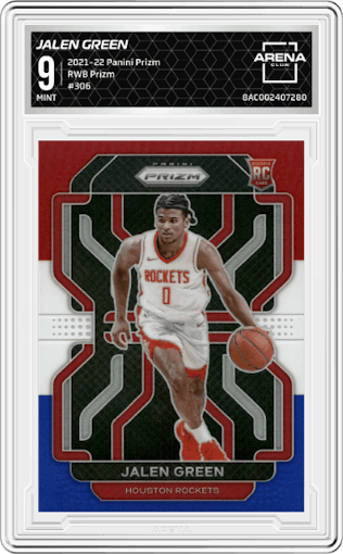 Jalen Green from the 2021-22 Panini Prizm  set featuring a Red/White/Blue Prizm parallel graded by Arena Club and given an overall grade of 9.