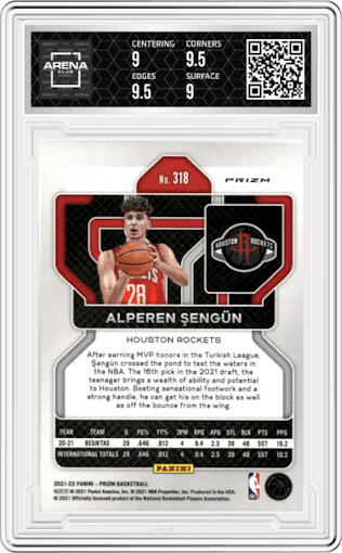 Alperen Sengun from the 2021-22 Panini Prizm  set featuring a Red/White/Blue Prizm parallel graded by Arena Club and given an overall grade of 9.5.
