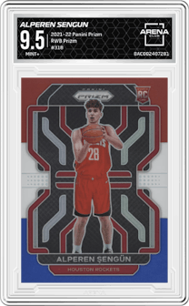 Alperen Sengun from the 2021-22 Panini Prizm  set featuring a Red/White/Blue Prizm parallel graded by Arena Club and given an overall grade of 9.5.