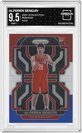 Alperen Sengun from the 2021-22 Panini Prizm  set featuring a Red/White/Blue Prizm parallel graded by Arena Club and given an overall grade of 9.5.