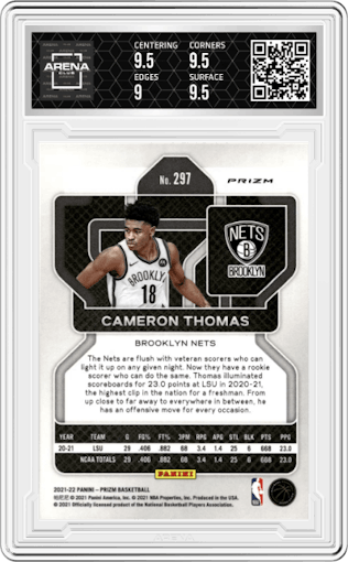 Cameron Thomas from the 2021-22 Panini Prizm  set featuring a Silver Prizm parallel graded by Arena Club and given an overall grade of 9.5.