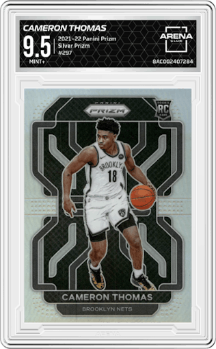 Cameron Thomas from the 2021-22 Panini Prizm  set featuring a Silver Prizm parallel graded by Arena Club and given an overall grade of 9.5.