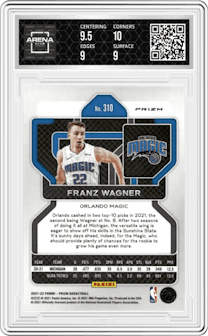 Franz Wagner from the 2021-22 Panini Prizm  set featuring a Green Prizm parallel graded by Arena Club and given an overall grade of 9.5.