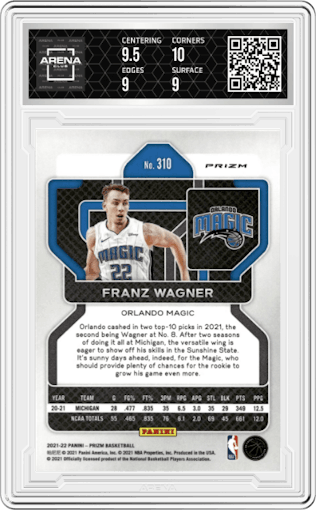 Franz Wagner from the 2021-22 Panini Prizm  set featuring a Green Prizm parallel graded by Arena Club and given an overall grade of 9.5.